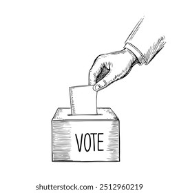 Voto Mão Casting Ballot para Caixa, Vetor desenhado à mão, Estilo Gráfico, Ilustração de Desenho Animado, Preto e Branco, Estilo de Esboço, Isolado no Fundo Branco