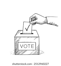 Voto Mão Casting Ballot para Caixa, Vetor desenhado à mão, Estilo Gráfico, Ilustração de Desenho Animado, Preto e Branco, Estilo de Esboço, Isolado no Fundo Branco