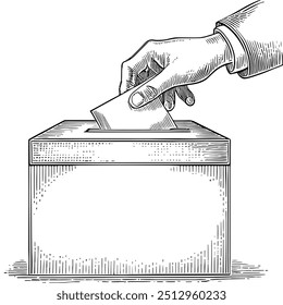 Voto Mão Casting Ballot para Caixa, Vetor desenhado à mão, Estilo Gráfico, Ilustração de Desenho Animado, Preto e Branco, Estilo de Esboço, Isolado no Fundo Branco