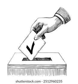 Votación de mano de emisión de boleta en caja, Vector dibujado a mano, estilo gráfico, ilustración de dibujos animados, blanco y negro, estilo de boceto, aislado sobre fondo blanco