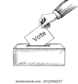 Voting Hand Casting Ballot into Box, Hand-Drawn Vector, Graphic Style, Cartoon Illustration, Black and White, Sketch Style, Isolated on White Background