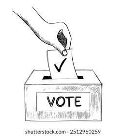 Voting Hand Casting Ballot into Box, Hand-Drawn Vector, Graphic Style, Cartoon Illustration, Black and White, Sketch Style, Isolated on White Background