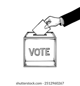 Voto Mão Casting Ballot para Caixa, Vetor desenhado à mão, Estilo Gráfico, Ilustração de Desenho Animado, Preto e Branco, Estilo de Esboço, Isolado no Fundo Branco