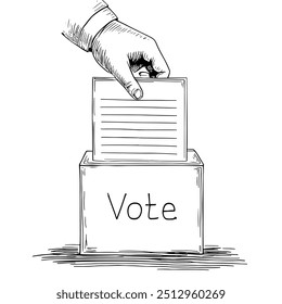 Voting Hand Casting Ballot into Box, Hand-Drawn Vector, Graphic Style, Cartoon Illustration, Black and White, Sketch Style, Isolated on White Background