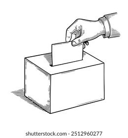 Voting Hand Casting Ballot into Box, Hand-Drawn Vector, Graphic Style, Cartoon Illustration, Black and White, Sketch Style, Isolated on White Background