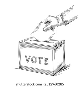 Voto Mão Casting Ballot para Caixa, Vetor desenhado à mão, Estilo Gráfico, Ilustração de Desenho Animado, Preto e Branco, Estilo de Esboço, Isolado no Fundo Branco