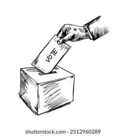 Voting Hand Casting Ballot into Box, Hand-Drawn Vector, Graphic Style, Cartoon Illustration, Black and White, Sketch Style, Isolated on White Background