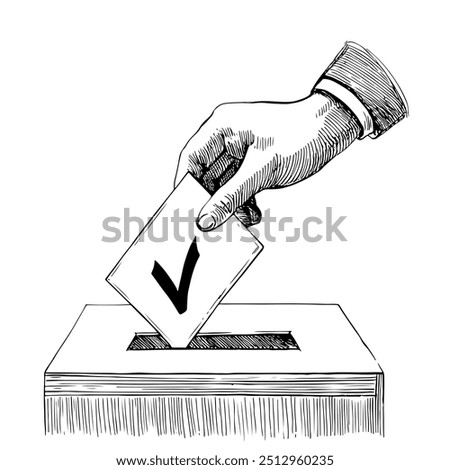 Voting Hand Casting Ballot into Box, Hand-Drawn Vector, Graphic Style, Cartoon Illustration, Black and White, Sketch Style, Isolated on White Background