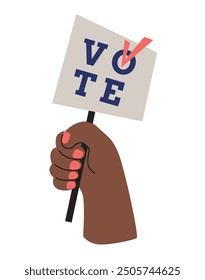 Voting hand. Election campaign. Democracy vote concept. Dark skin hand with vote banner.