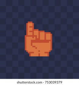 Voting hand. Finger up. Video game sprite. Pixel art style. Isolated vector illustration.