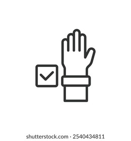 Voting hand, icon in line design. Voting, gesture, voting symbol, ballot, raised hand, election hand, decision gesture on white background vector. Voting hand editable stroke icon