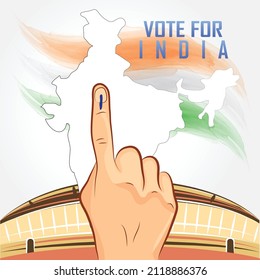 Voting hand with India Map and Parliament symbol, Vote hand of India election - India Map - Parliament, vote with hand - vector illustration