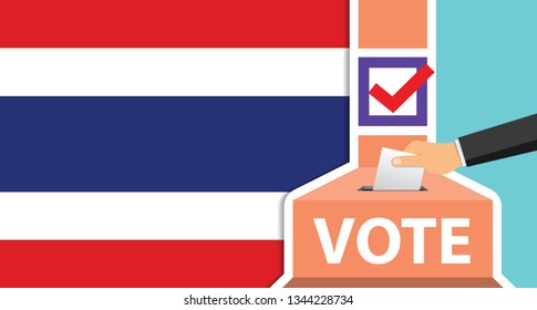 Voting. hand putting paper in the ballot box. thailand flag on background. vector illustration.