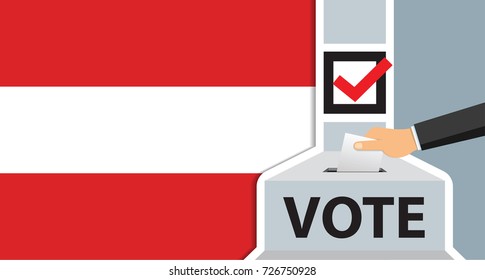 Voting. hand putting paper in the ballot box. Austria flag on background. vector illustration.