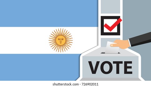 Voting. hand putting paper in the ballot box. argentina flag on background. vector illustration.