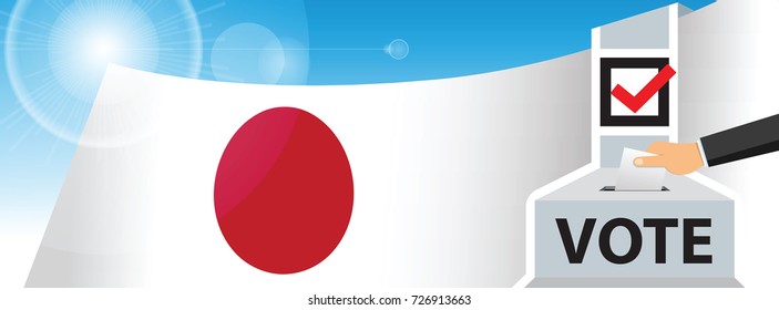 Voting. hand putting paper in the ballot box.  Japan flag on sky background. vector illustration.