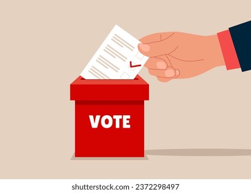 Voting. Hand putting paper ballots to election box. Flat vector illustration