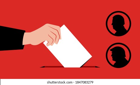 The voting. Hand putting voting paper in the box. American Presidential election 2020. Red background. 