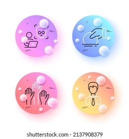 Voting hands, Cyber attack and Businessman minimal line icons. 3d spheres or balls buttons. Donate icons. For web, application, printing. Candidate vote, Ransomware risk, User data. Vector