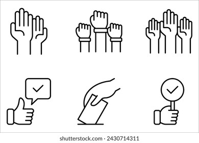 Conjunto de iconos de línea de manos de voto, manos humanas levantando icono vectorial en significado Votación o Voluntariado