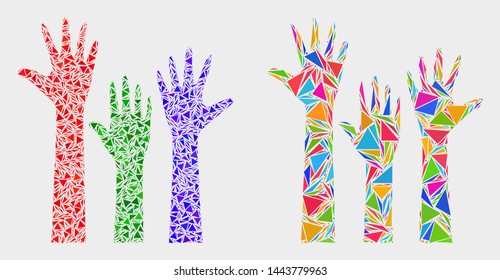 Voting hands up mosaic icon of triangle elements which have various sizes and shapes and colors. Geometric abstract vector illustration of voting hands up.