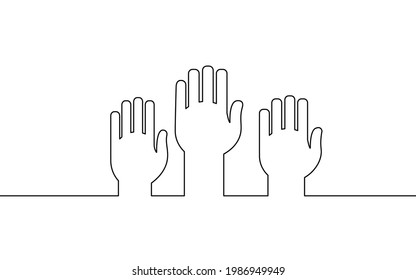 Voting Hands Raising To Sky. One Continuous Line Art Vote Online. Election Day Volunteer Meeting Demoncracy. Hand Drawing Sketch People Vector Illustration