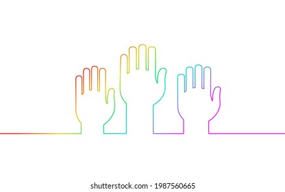 Voting Hands Raising To Sky. One Continuous Line Art Vote Online. Election Day Volunteer Diversity Different Rainbow. Hand Drawing Sketch People Vector Illustration