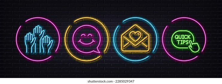 Manos de voto, cara de sonrisa y letras de amor iconos mínimos de la línea. Luces 3d láser neón. Iconos de consejos rápidos. Para web, aplicación, impresión. Candidatos a votar, chat, corazón. Trucos útiles. Vector