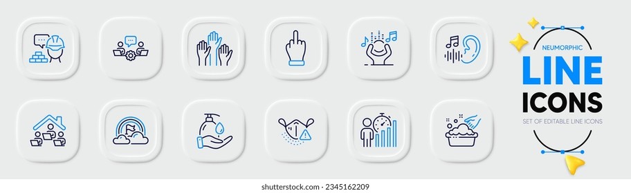 Manos de voto, Trabajar en casa e iconos de la línea de lavado de manos para la aplicación web. Envase con Lgbt, Lávese las manos, Oyendo iconos del pictograma. Estadísticas de negocios, máscara médica, señales de construcción. Ruido, Trabajo En Equipo. Vector