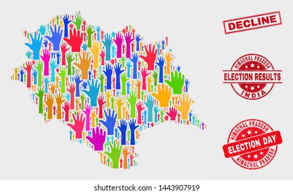Voting Himachal Pradesh State map and seal stamps. Red rectangle Decline distress seal. Colored Himachal Pradesh State map mosaic of raised up election hands. Vector combination for election day,