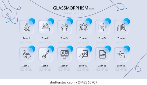 Voting icon set. Ballot, vote, popularity, rating, candidate, pedestal, deputy, president. Glassmorphism style. Vector line icon for business and advertising