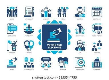 Voting icon set. Candidate, Debate, Law, Democracy, Election, Political Party, Voting Ballot, Protest. Duotone color solid icons