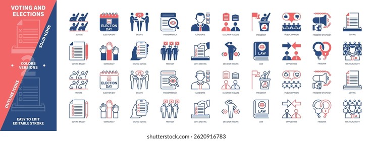 Voting icon set. Candidate, Debate, Law, Democracy, Election, Political Party, Public Opinion, Protest. Duotone color solid and editable outline icons