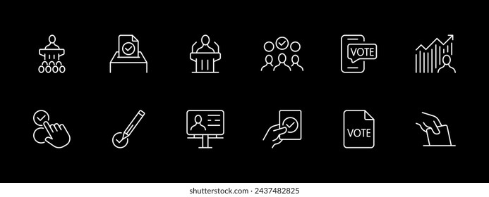 Voting icon set. Hand, ballot, candidate, president, parliament, deputy, check mark, pencil. White line icon on black background. Vector line icon for business and advertising