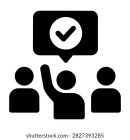 Voting icon silhouette featuring a person raising their hand with a checkmark speech bubble for business decision making and interface