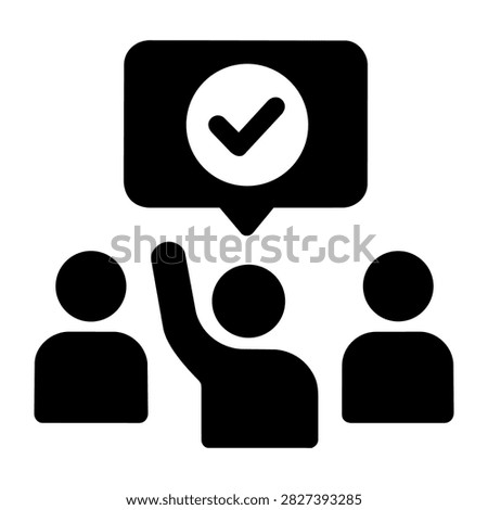 Voting icon silhouette featuring a person raising their hand with a checkmark speech bubble for business decision making and interface