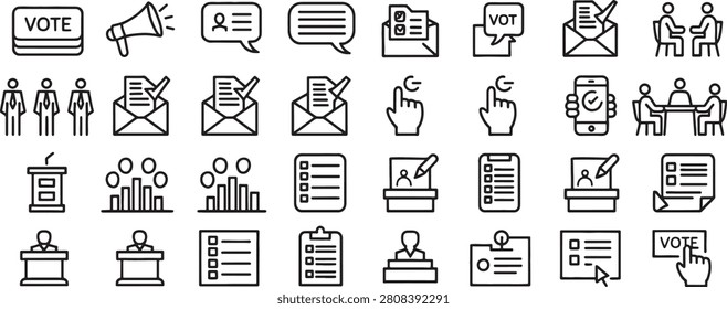 Voting Icons Set with Megaphone, Ballots, Ballots, Ballots, Hands, Polling Booth Symbols and Vote Text Labels