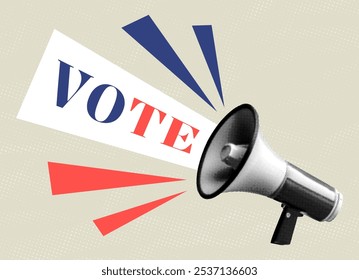 voting importance concept template design with vote text megaphone loudspeaker isolated on beige background retro halftone grunge dotted texture collage cut-out element magazine newspaper style