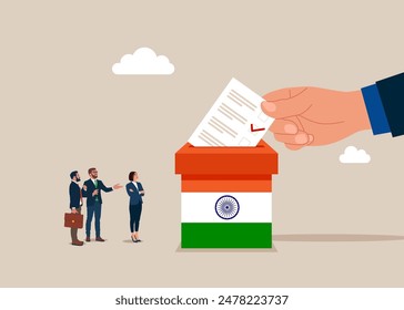 Voting in India. Hand putting paper ballots to election box. Flat vector illustration