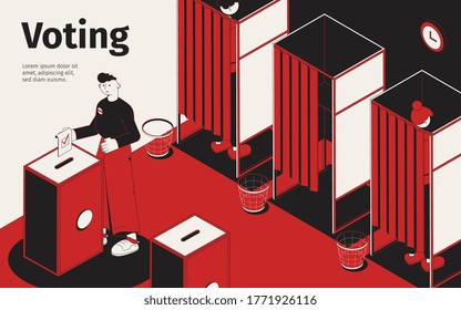 Voting isometric background with row of cabins for filling in ballot papers with holes and text vector illustration