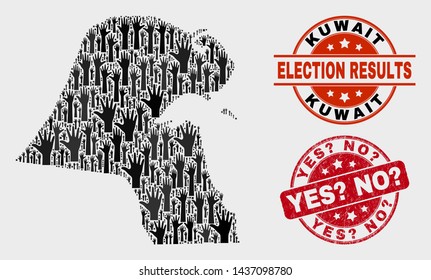 Voting Kuwait map and seal stamps. Red round Yes? No? grunge watermark. Black Kuwait map mosaic of raised up voting hands. Vector collage for referendum results, with Yes? No? seal.