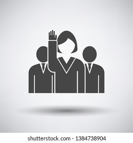 Voting Lady With Men Behind Icon on gray background, round shadow. Vector illustration.