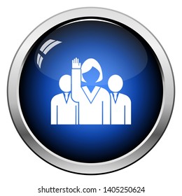Voting Lady With Men Behind Icon. Glossy Button Design. Vector Illustration.
