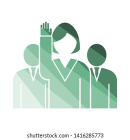 Voting Lady With Men Behind Icon. Flat Color Ladder Design. Vector Illustration.
