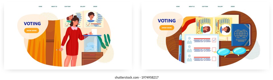 Voting landing page design, website banner vector template set. Voter putting paper ballot into vote box. Election.