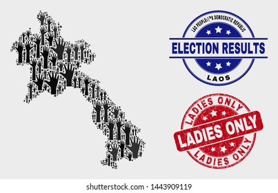 Voting Laos map and seal stamps. Red rounded Ladies Only scratched seal. Black Laos map mosaic of raised ballot arms. Vector collage for ballot results, with Ladies Only seal.