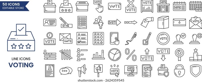 Voting line editable icon set. A set of icons related to election and voting, government, campaign, vote, democracy, ballot, president and more. Vector illustration