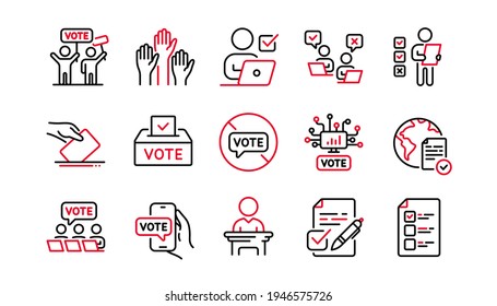 Voting line icons. Public Election, Vote Box, Ballot Paper icons. Candidate, Politics voting and People vote. Government election, Raised hands, Document checklist. Online poll result. Vector