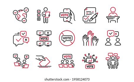 Voting line icons. Public Election, Vote Ballot Paper icons. Candidate, Politics voting and People vote. Government election, Raised hands, Document checklist. Online poll result. Linear set. Vector