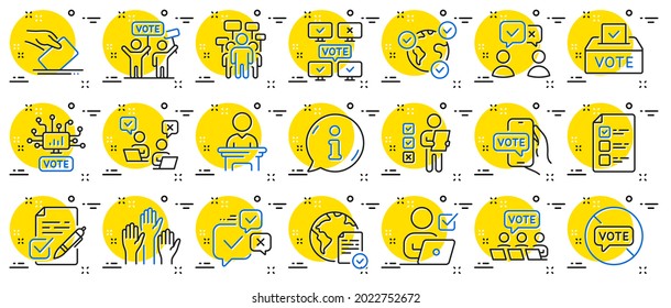 Voting line icons. Public Election, Vote Box, Ballot Paper icons. Candidate, Politics voting and People vote. Government election, Raised hands, Document checklist. Online poll result. Vector